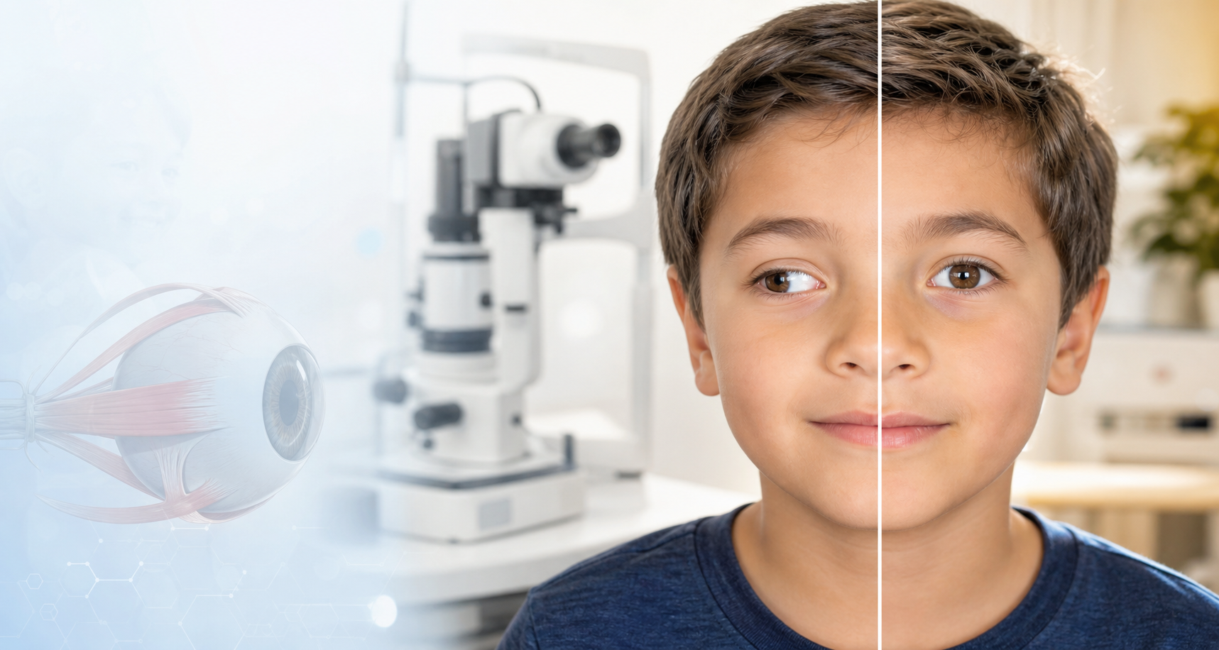 Educational before and after concept image of a child with squint before correction and aligned eyes after treatment